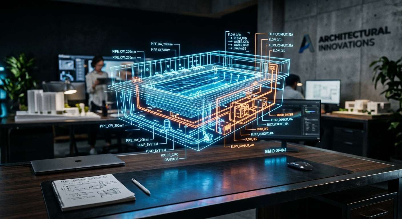 מודל תלת מימד הולוגרפי בטכנולוגיית BIM המציג תכנון מפורט של בריכת שחייה, כולל מערכות צנרת, משאבות וחשמל, במשרד אדריכלים מודרני.